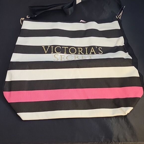BRAND NEW VICTORIA SECRET WEEKENDER CANVAS STRIPED GOLD LOGO EMBROIDERY TOTE BAG - Picture 4 of 15